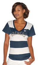 Milwaukee Brewers Striped Women's Blue/White V-Neck