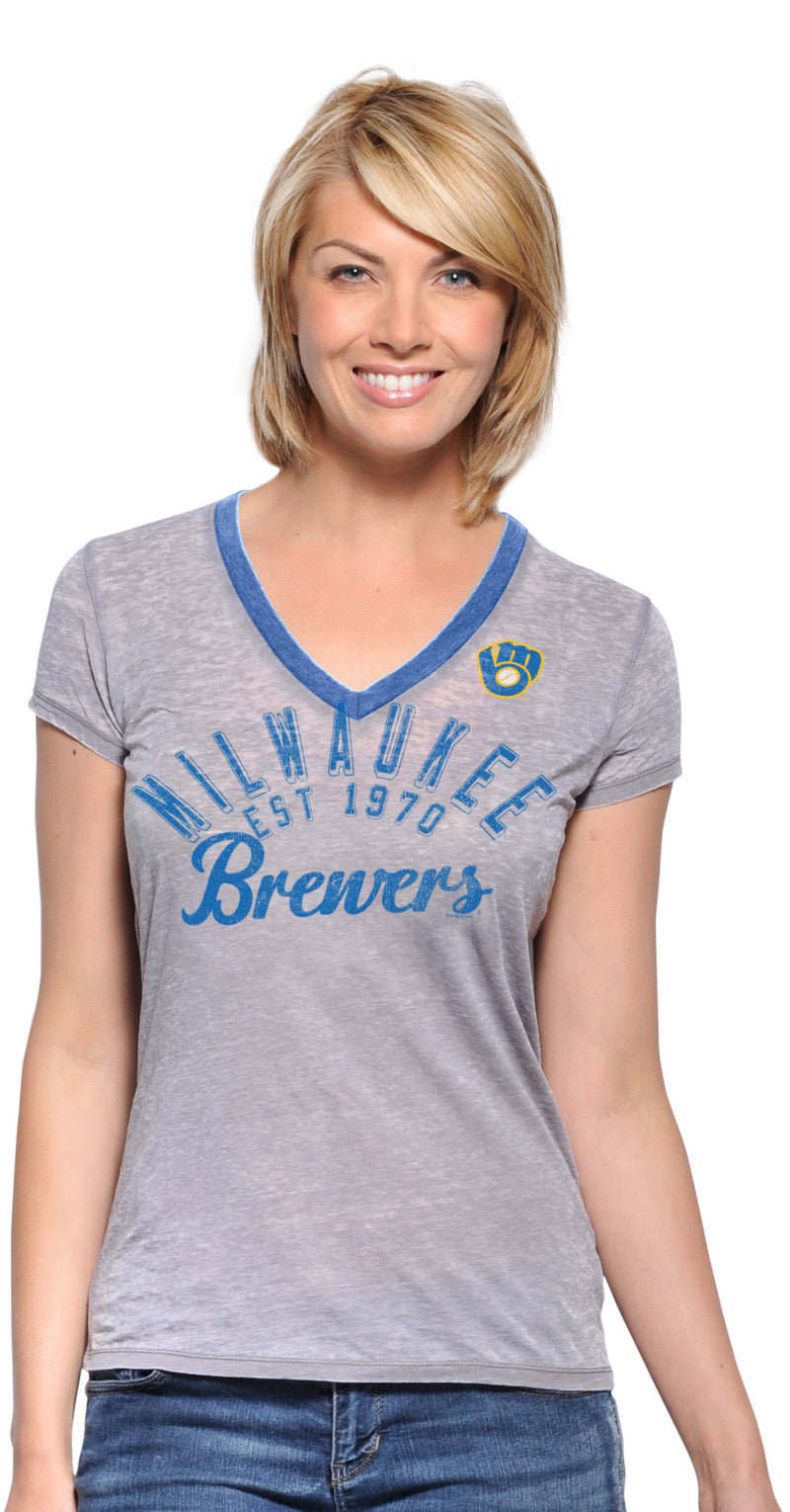 Milwaukee Brewers Distressed Women's Gray V-Neck