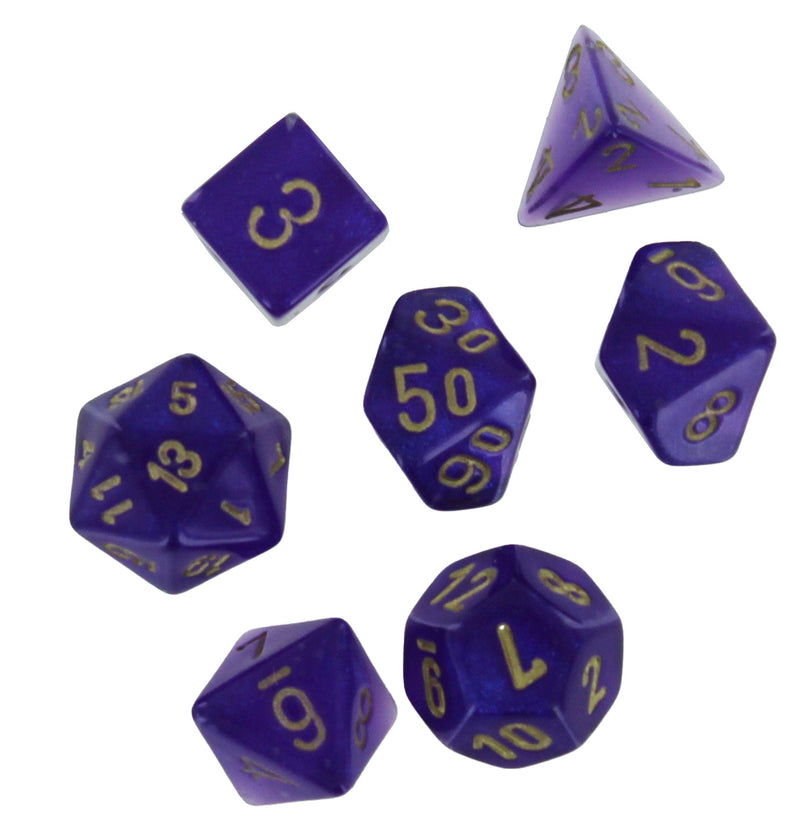 Borealis Royal Purple/gold Luminary Mini-Polyhedral 7-Dice Set