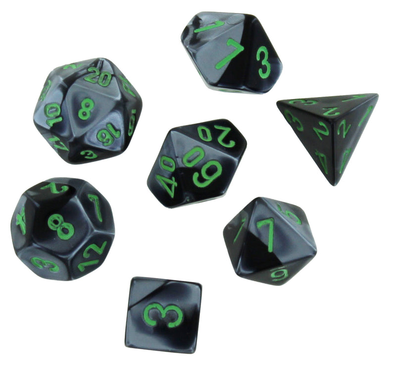 Gemini Black-Grey/green Mini-Polyhedral 7-Dice Set