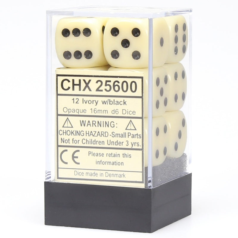 Chessex Opaque Ivory w/ black 16mm d6 Dice Set (12)