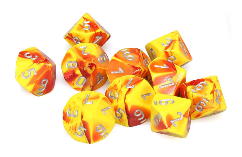 Chessex Gemini Red-Yellow w/Silver Set of Ten d10 Dice