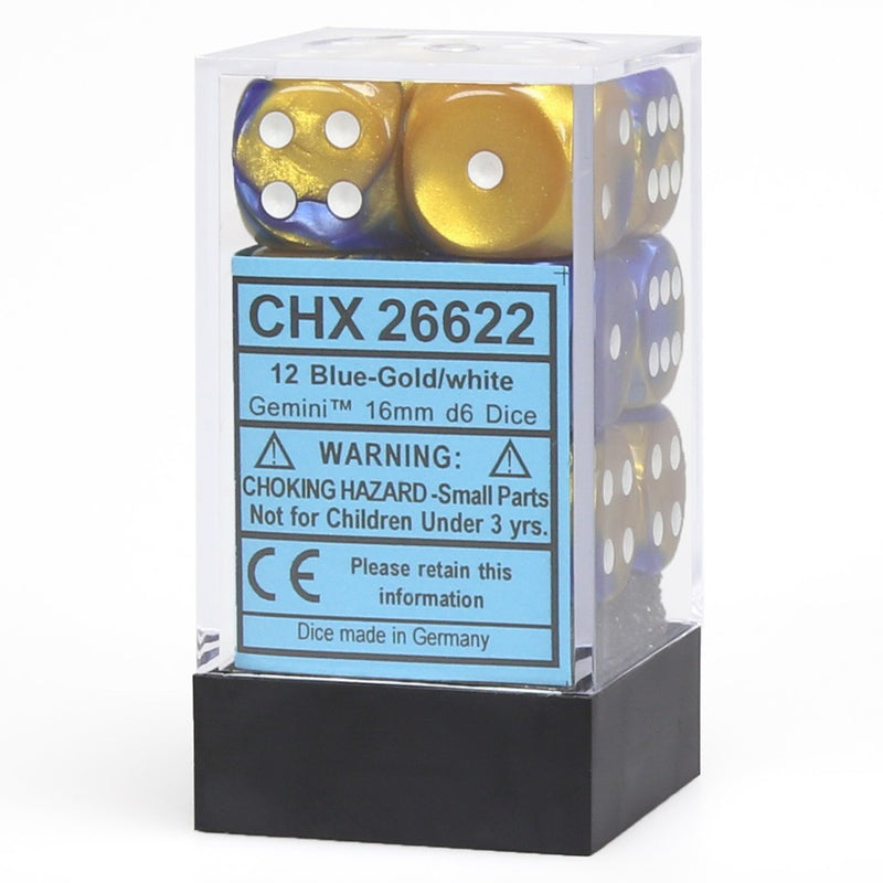 Chessex Gemini Blue-Gold/White 16mm D6 Dice Block (12)