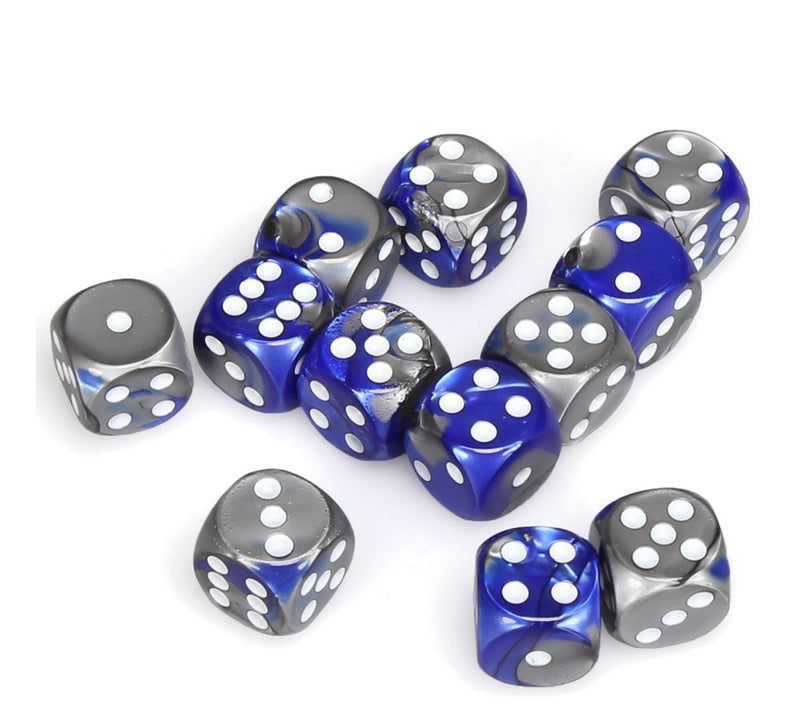 Chessex Dice d6: Gemini Blue & Steel with White - 16mm Six Sided Die (12)