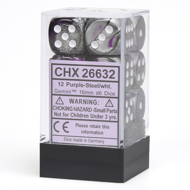 Chessex Gemini Purple-Steel/White 16mm Dice Block (12)
