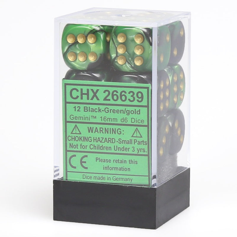 Chessex D6 Cube Gemini Set Of 12 Dice; 16 mm - Black & Green