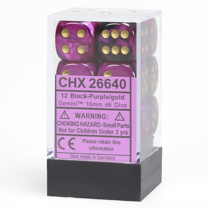 D6 Cube 16mm Gemini Translucent Black Purple w/ Gold Set of 12