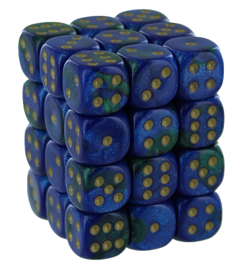 Gemini Blue-Green/gold 12mm d6 Dice Block (36 dice)
