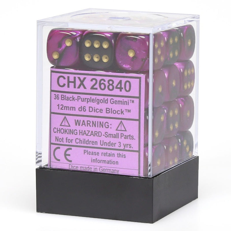 D6 Cube 12mm Gemini Translucent Black Purple w/ Gold Set of 36