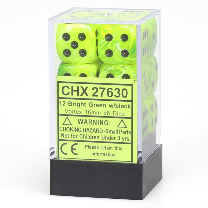 Chessex Vortex Bright Green/black 16mm d6 Dice Block (12)