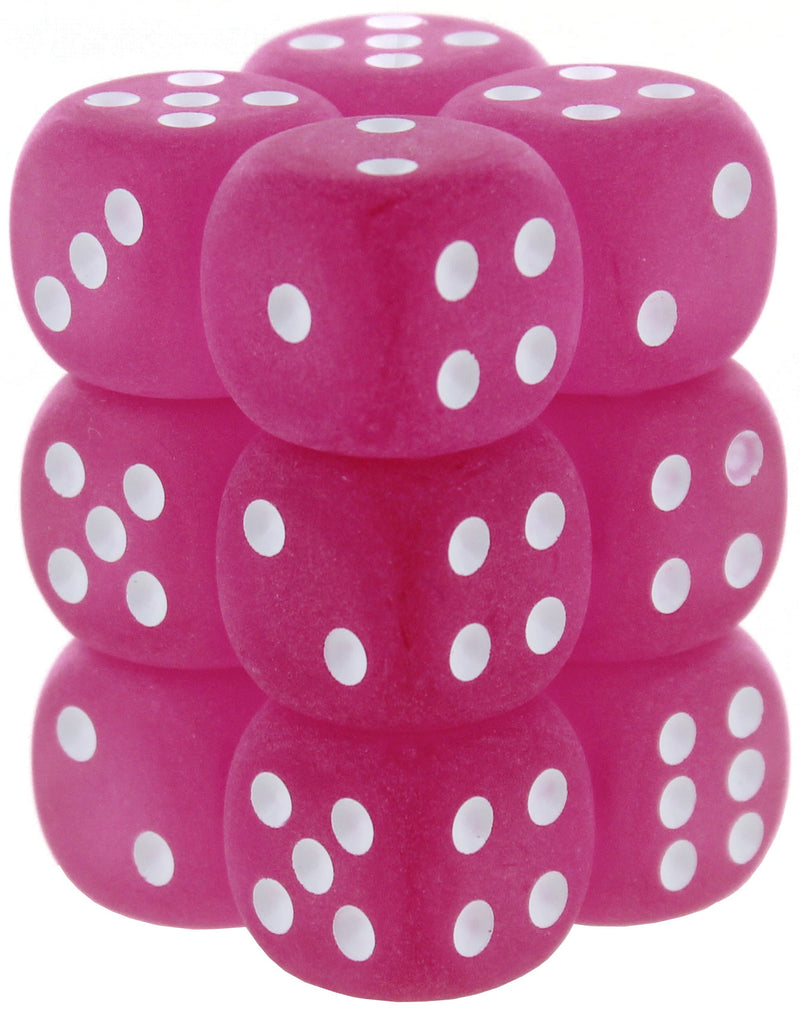 Chessex Frosted Pink/white 16mm d6 Dice Block (12 Dice)