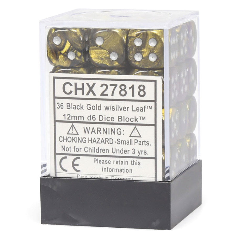 Chessex Leaf Black Gold/silver 12mm d6 Dice Block (36 Dice)