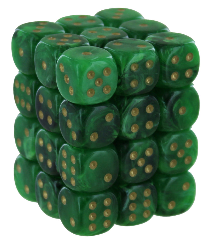 Vortex Green/gold 12mm d6 Dice Block (36 dice)