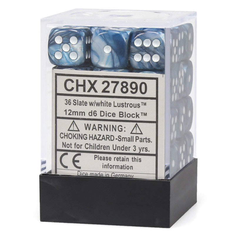 Chessex Lustrous Slate/white 12mm d6 Dice Block (36 Dice)