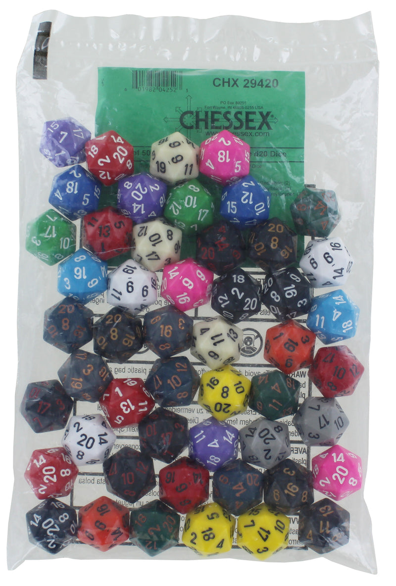 Bag of 50 Assorted Loose Opaque Polyhedral d20 Dice