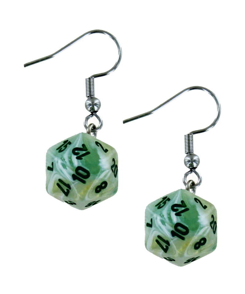 Mini-Polyhedral d20 Dangle Hook Earrings: Marble Green/dark green