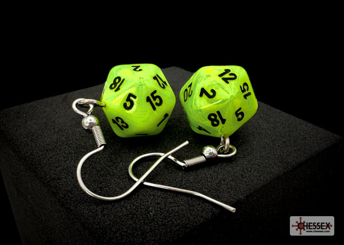 Mini-Polyhedral d20 Dangle Hook Earrings: Vortex Bright green/black
