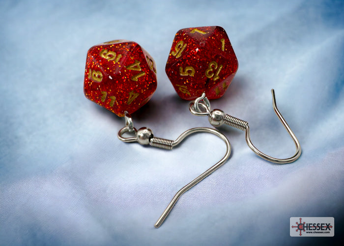 Mini-Polyhedral d20 Dangle Hook Earrings: Glitter Ruby/gold