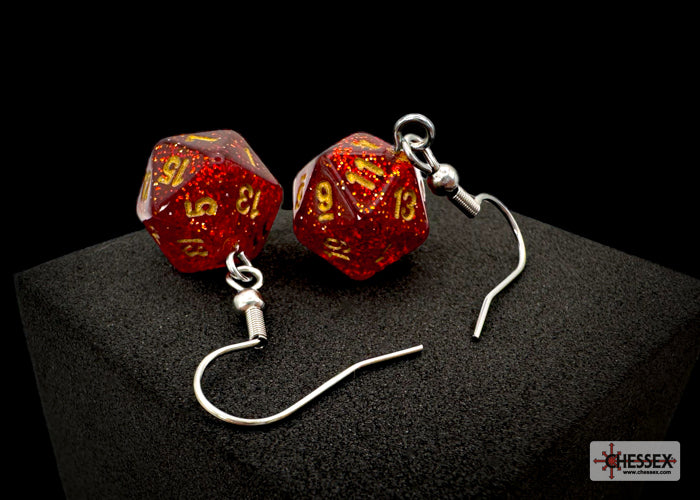 Mini-Polyhedral d20 Dangle Hook Earrings: Glitter Ruby/gold