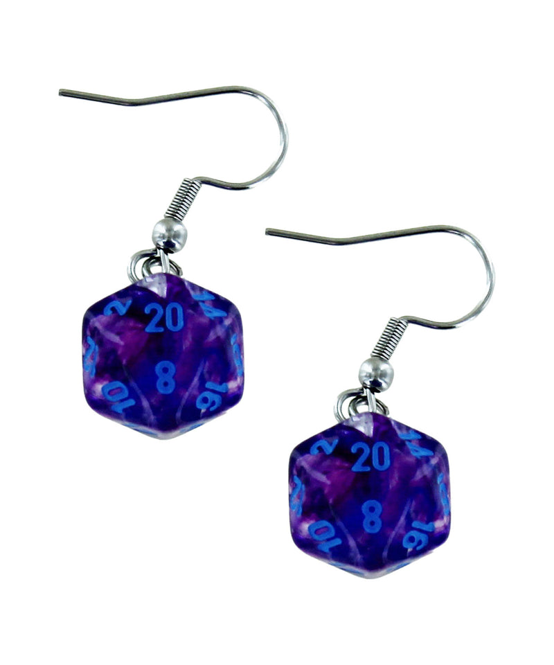 Mini-Polyhedral d20 Dangle Hook Earrings: Nebula Nocturnal/blue