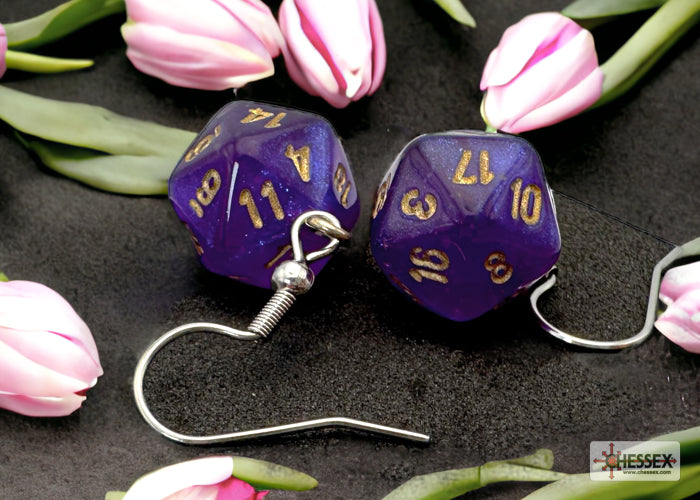 Mini-Polyhedral d20 Dangle Hook Earrings: Borealis Royal Purple/gold