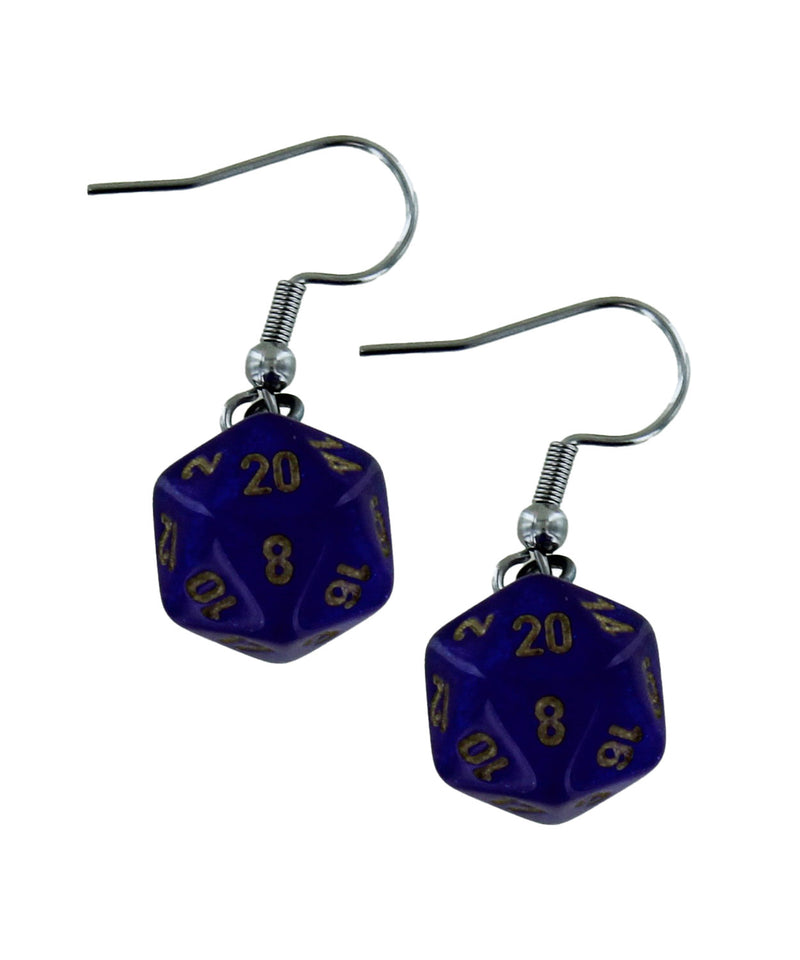 Mini-Polyhedral d20 Dangle Hook Earrings: Borealis Royal Purple/gold