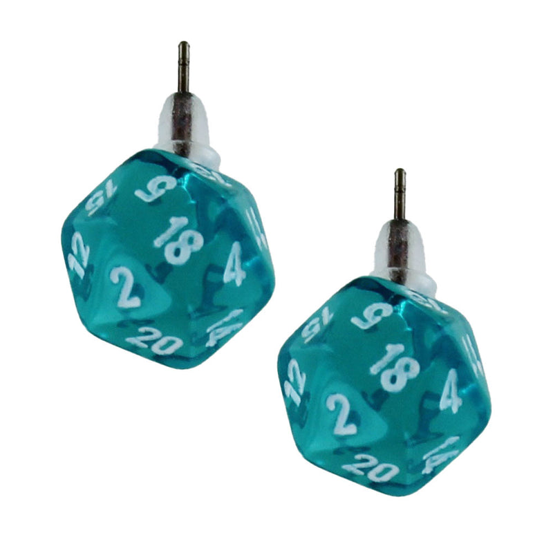 Mini-Polyhedral d20 Stud Earrings: Translucent Teal/white