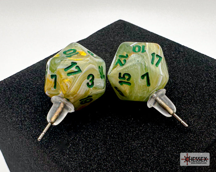 Mini-Polyhedral d20 Stud Earrings: Marble Green/dark green