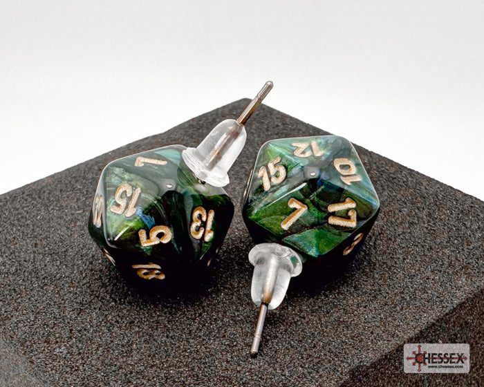 Mini-Polyhedral d20 Stud Earrings: Scarab Jade/gold
