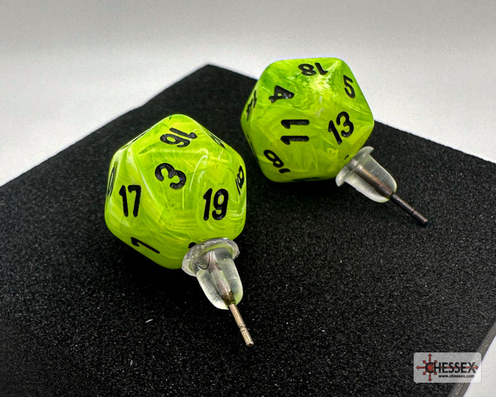 Mini-Polyhedral d20 Stud Earrings: Vortex Bright green/black