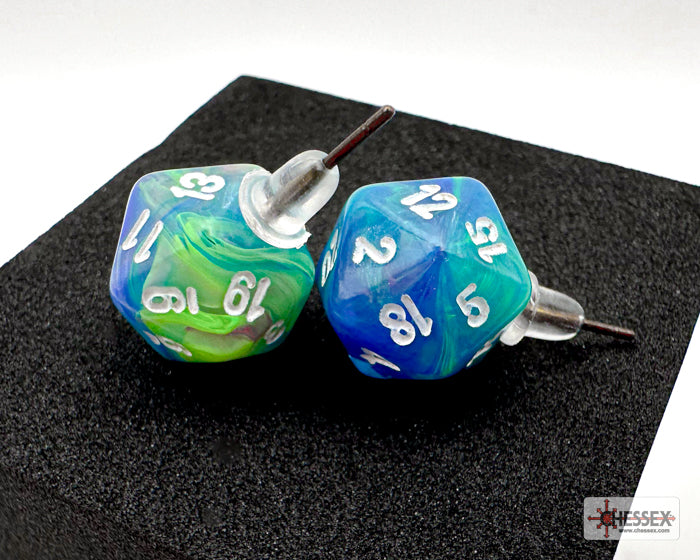 Mini-Polyhedral d20 Stud Earrings: Festive Waterlily/white