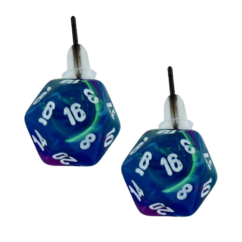 Mini-Polyhedral d20 Stud Earrings: Festive Waterlily/white