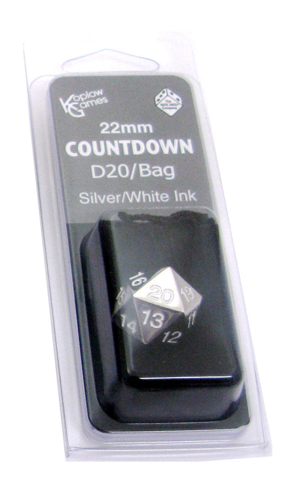 Countdown D20 22mm Metal With Bag, Silver with White