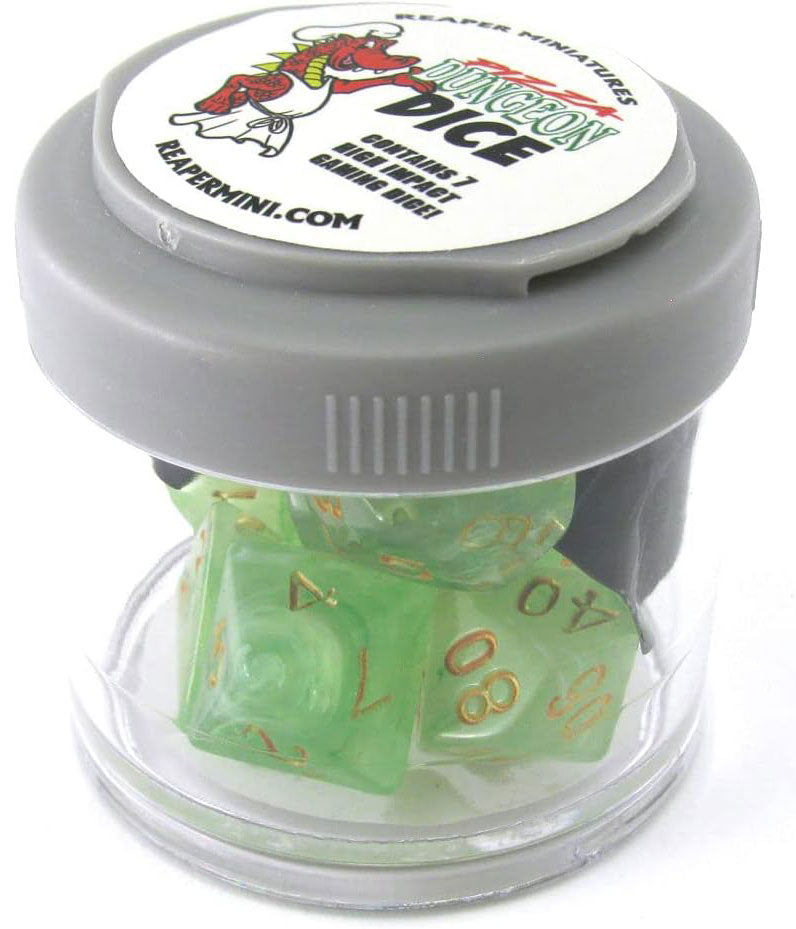 Reaper Miniatures Set of 7 Polyhedral Pizza Dungeon Dice - Lucky Gem Green