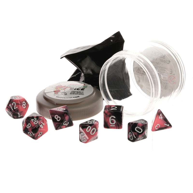 Pizza Dungeon 7-Dice Polyhedral Set, Dual Pink & Black