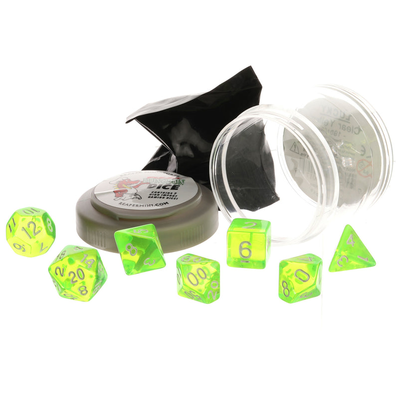 Pizza Dungeon 7-Dice Polyhedral Set, Lucky Clear Neon Green