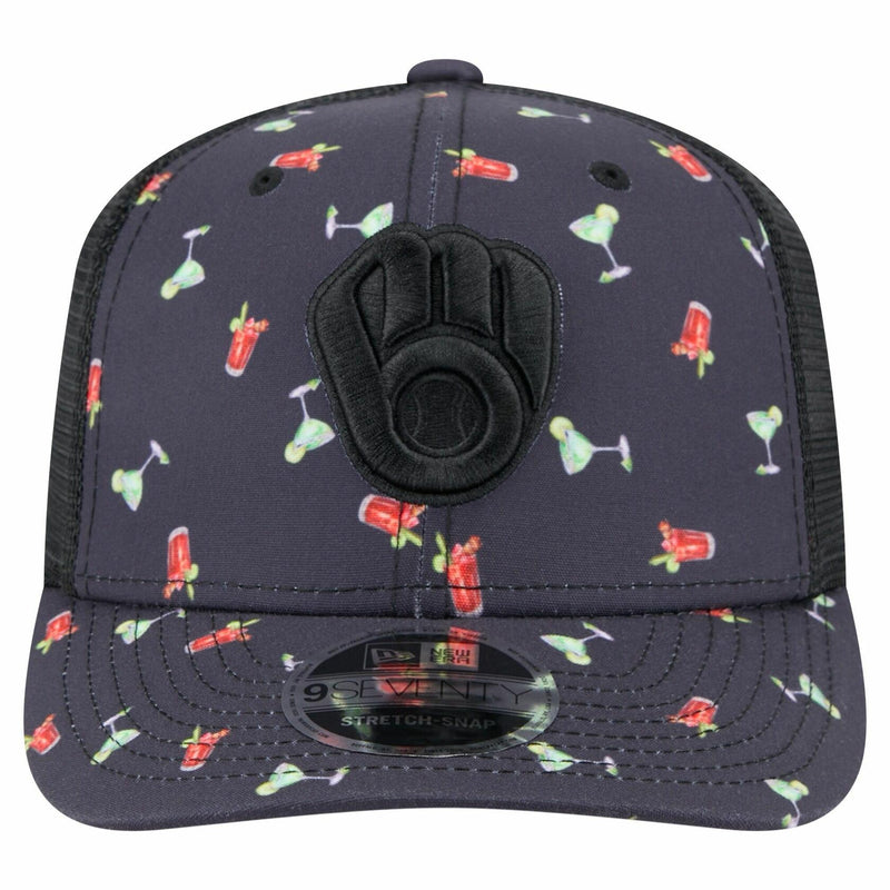 Milwaukee Brewers New Era Black Adventure Drinks Pattern 9SEVENTY Stretch-Snap Hat