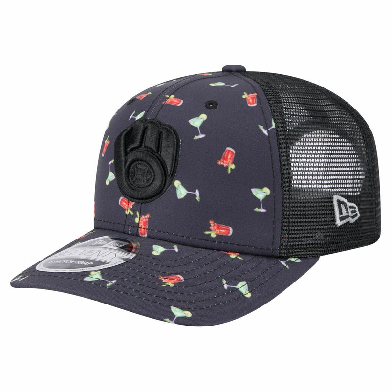 Milwaukee Brewers New Era Black Adventure Drinks Pattern 9SEVENTY Stretch-Snap Hat