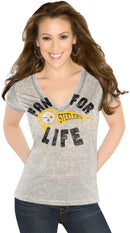 Pittsburgh Steelers Women's Gray Fan for Life V-Neck T-Shirt