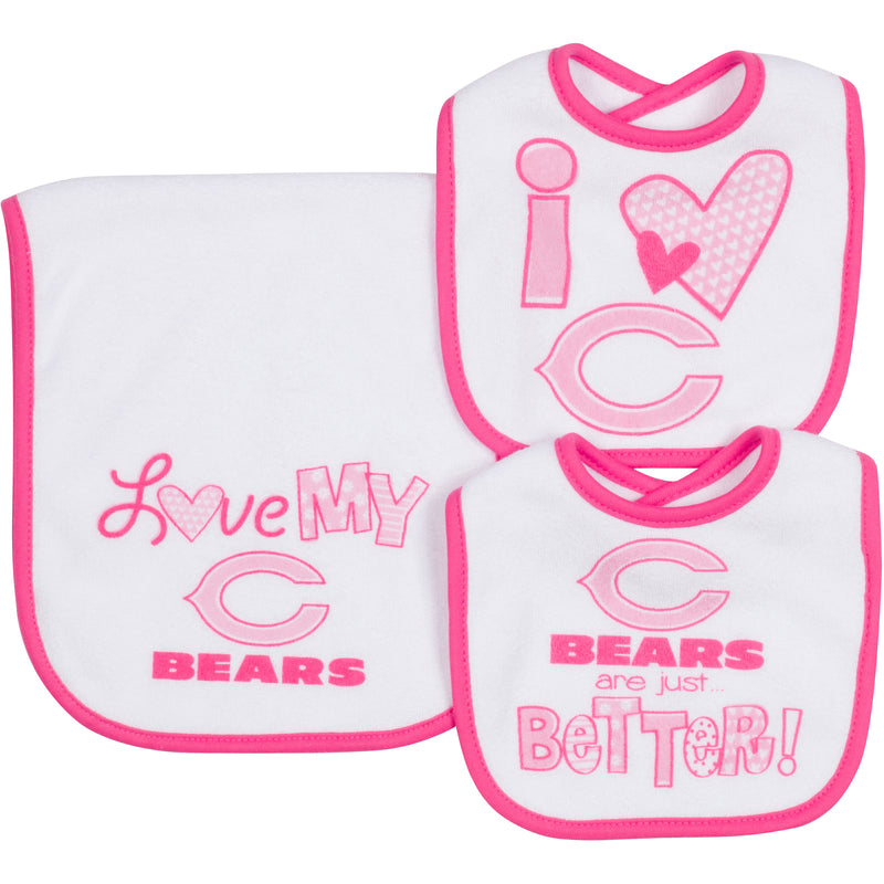 Chicago Bears Girls 2 Dribbler Bibs & 1 Burp Cloth Set, One Size, Pink