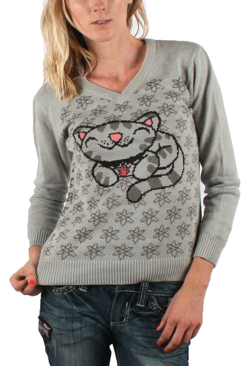 Big Bang Theory Pixel Kitty Juniors V-Neck Sweater