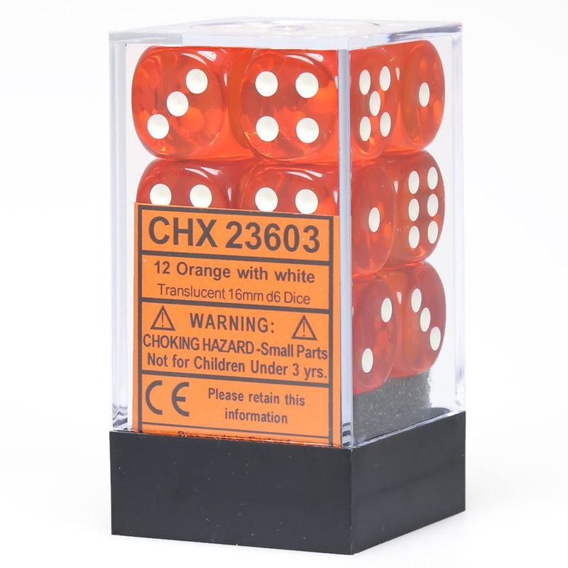 Chessex Dice d6: Translucent Orange/White Dice Block - Set of 12