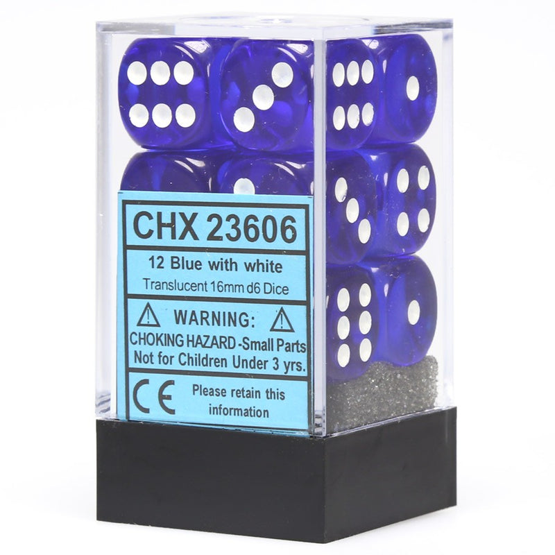 Chessex Dice d6: Translucent Blue/White Dice Block - Set of 12