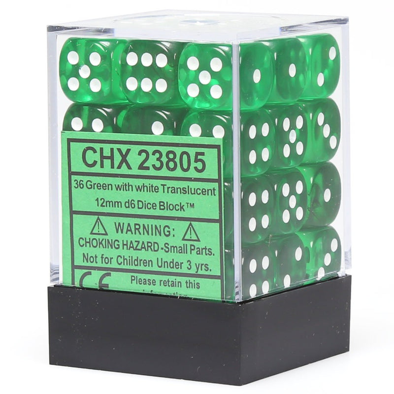 Chessex Dice d6: Translucent Green w/ White - Set of 36