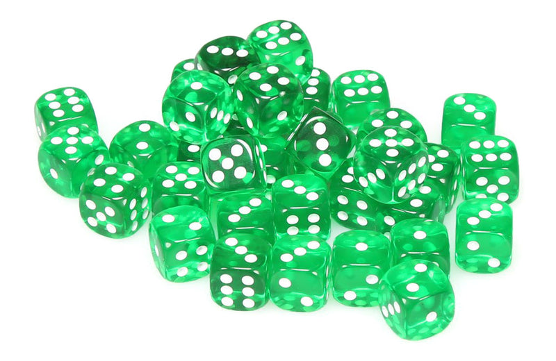 Chessex Dice d6: Translucent Green w/ White - Set of 36