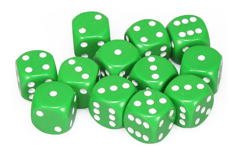 Chessex Dice d6: Opaque Green w/ White - Set of 12