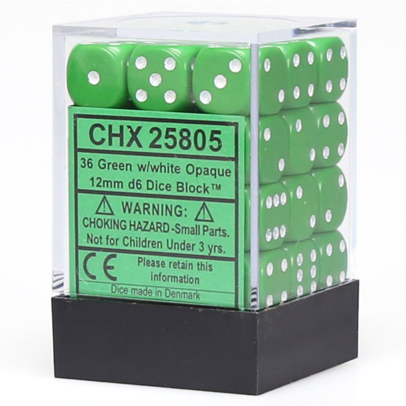 Chessex  25805 Opaque Green With White - 12 mm Six Sided Dice Set Of 36