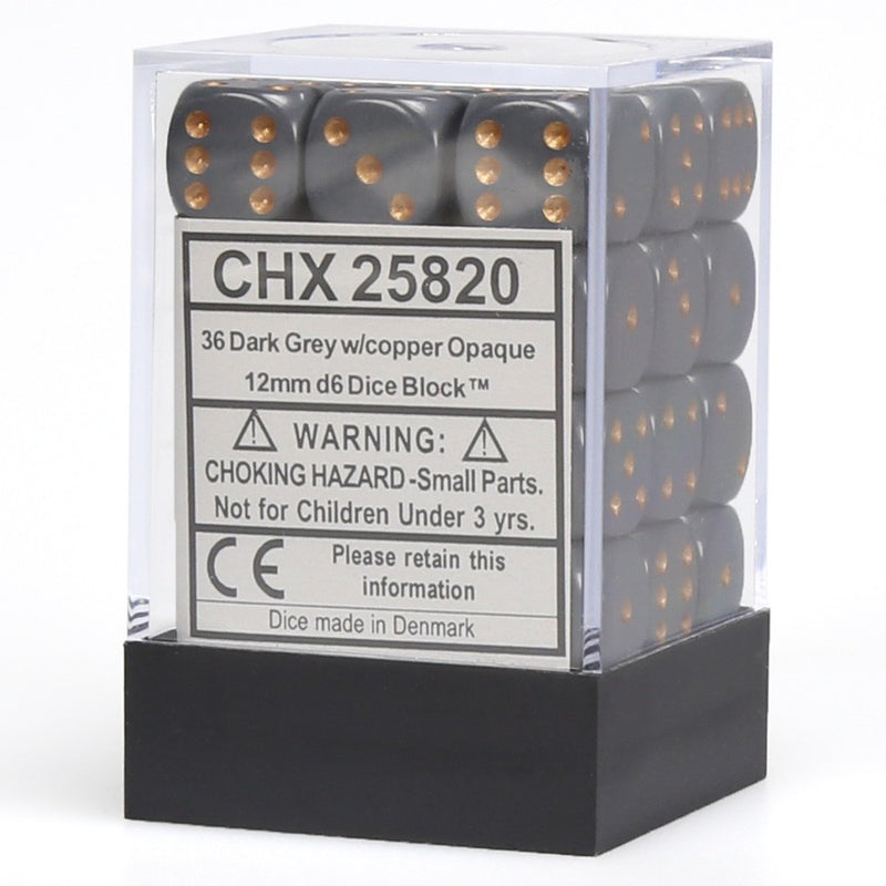 Chessex Opaque 12mm d6 Dark Grey w/ Copper Dice Block - Set of 36