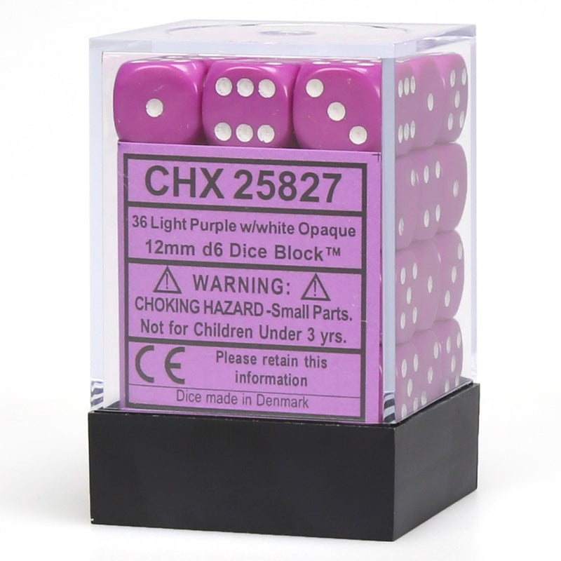 Chessex Opaque 12mm d6 Light Purple w/ White Dice Block - Set of 36
