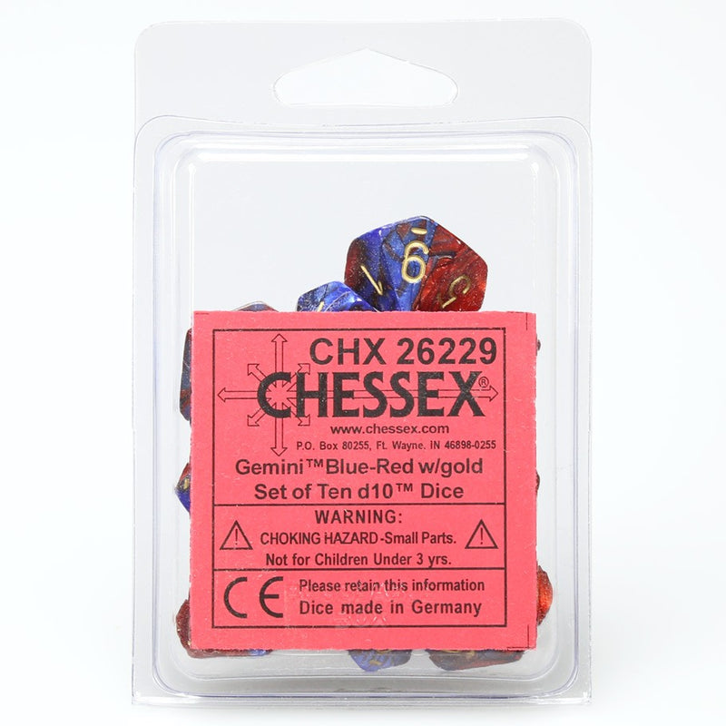Chessex Gemini Blue-Red/Gold D10 Dice Set (10)